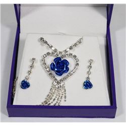 BLUE FLOWER  CRYSTAL NECKLACE & EARRING SET