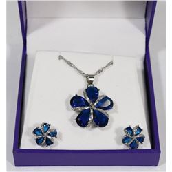 BLUE FLOWER RHINESTONE NECKLACE AND EARRING SET