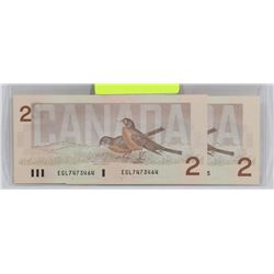 LOT OF 2 GEM UNC 1986 CONSECUTIVE NUMBERS $2 BILLS