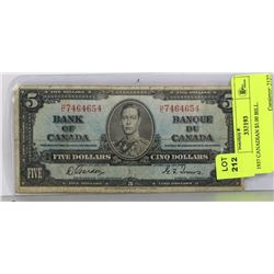 1937 CANADIAN $5.00 BILL.