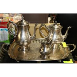 4 PIECE SILVERPLATED SERVING TRAY, POTS AND MORE