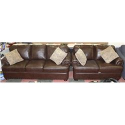 1495 BROWN LEATHERETTE NAILHEAD SOFA AND LOVESEAT