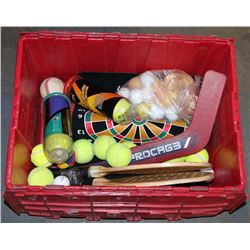 RED CONTAINER FULL OF GOLF BALLS, TENNIS BALLS AND
