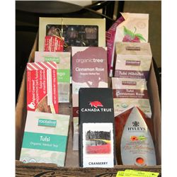 FLAT OF ASSORTED TEAS & SNACK FOODS.