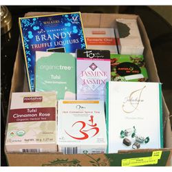 FLAT OF ASSORTED TEAS & SNACK FOODS.