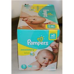 BOX OF 96 PAMPERS SWADDLERS - ON CHOICE: SIZE 1