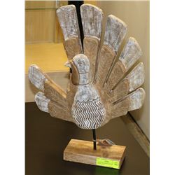 LARGE SOLID WOOD PEACOCK WITH STAND 20"X15".