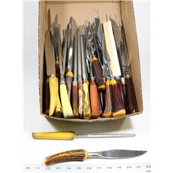 BOX W/ VINTAGE ANTLER KNIVES CARVING FORKS,