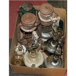BOX W/ VINTAGE-ANTIQUE OIL LAMPS. COLEMAN AND MORE