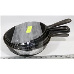 SET OF 5 CAST IRON FRYING PANS.