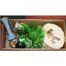 ESTATE BOX OF ANTIQUES WITH BRASS CABDLE HOLDERS