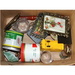 ESTATE BOX OF ANTIQUES WITH CIGARETTE TINS
