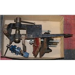 BOX W/ VARIOUS SIZES BENCH VISES.