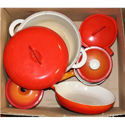 SET OF CAST IRON ENAMEL COATED POTS AND PAN.