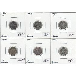Canada 1880H, 1889H, 1890H, 1896, 1900, 1900 Silver 5 Cent Lot