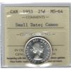 Image 1 : Canada 1953 Silver 25 Cent Small Date SF ICCS MS64 Cameo