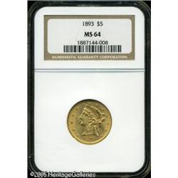 1893 $5  MS64 NGC. Well struck, with apricot-gold p