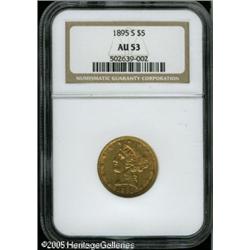1895-S $5  AU53 NGC. Apricot-gold patina reveals so