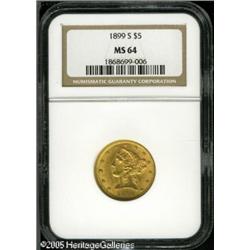1899-S $5  MS64 NGC. Lustrous surfaces are visited
