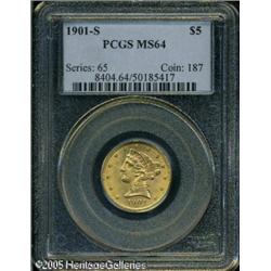 1901-S $5  MS64 PCGS. Sharply struck and fully lust