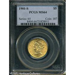 1901-S $5  MS64 PCGS. Sharply defined throughout, w