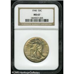 1946 50C  MS67 NGC. A thin veil of gold toning adds