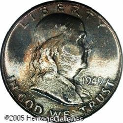 1949 50C  MS67 NGC. Lush golden-brown, ocean-blue,