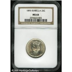 1893 25C  Isabella Quarter MS64 NGC. Silvery surfac