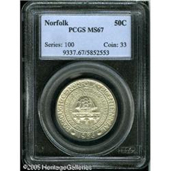 1936 50C  Norfolk MS67 PCGS. Mostly untoned with sm
