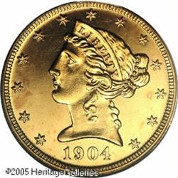 1904 $5  PR64 Cameo PCGS. A deeply reflective proof