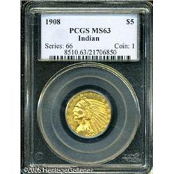 1908 $5  MS63 PCGS. A liberally frosted example wit