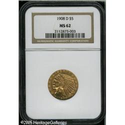 1908-D $5  MS62 NGC. A satiny golden-brown piece wi