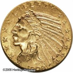 1908-D $5  MS64 NGC. Pleasing honey-gold patina rev