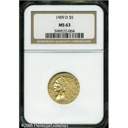 1909-D $5  MS63 NGC. Satiny and reasonably well det