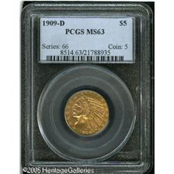 1909-D $5  MS63 PCGS. Well struck with attractive r