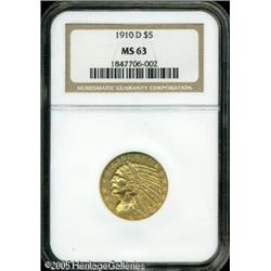 1910-D $5  MS63 NGC. Peach-gold patina adheres to l