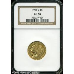 1911-D $5  AU58 NGC. Lightly circulated, with apric