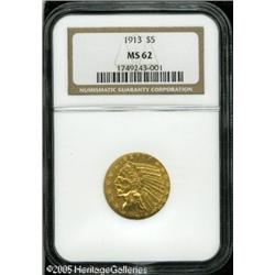 1913 $5  MS62 NGC. Bright, brass-gold surfaces exhi