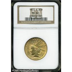 1910-S $10  MS62 NGC. A scarce S-mint Indian eagle,