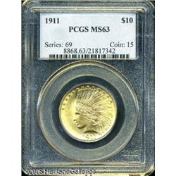 1911 $10  MS63 PCGS. Pleasing brass-gold patina env