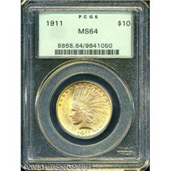 1911 $10  MS64 PCGS. Sharply struck with bright sat