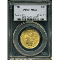 1911 $10  MS64 PCGS. Soft luster underlays peach-go
