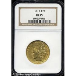 1911-S $10  AU55 NGC. Moderately abraded with some