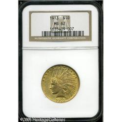 1913 $10  MS62 NGC. Yellow-gold patina contains som