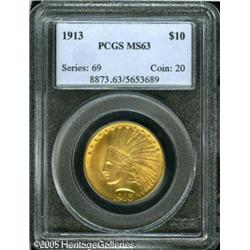 1913 $10  MS63 PCGS. Peach-gold and light-green pat