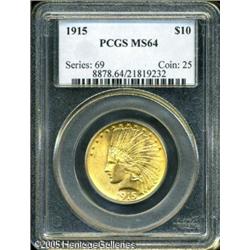 1915 $10  MS64 PCGS. Pleasing honey-gold patina adh