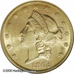 1864-S $20  AU58 NGC. Bright orange-gold in color w