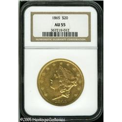 1865 $20  AU55 NGC. Frosty light yellow-gold luster