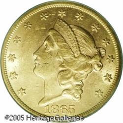 1865 $20  MS60 PCGS. A satiny and lustrous coin tha