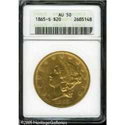 1865-S $20  AU50 ANACS. The surfaces display a bras